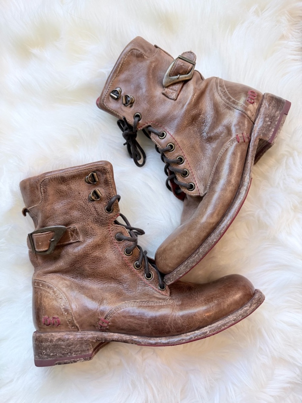 Bed Stu Brown Leather Lace-Up Moto Boots with Buckle